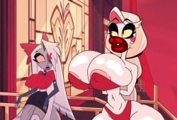 accurate_art_style big_lips bimbo bimbo_lips bimbofication charlie_morningstar_(hazbin_hotel) demon_girl edit edited_screencap futanari hazbin_hotel hourglass_figure huge_breasts notagoodguy1_(autor) small_waist thick_lips thirsty tongue vaggie_(hazbin_hotel)