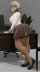 3d black_lips black_lipstick blonde_hair blouse bulge desk earring earrings fanart futa_only futanari gbananaya glasses goblin goblin_futanari green_skin heels leggings lipstick office office_chair office_clothing office_desk orange_eyes penis_under_skirt piercing piercings pointy_ears secretary selkie_(tales_of_androgyny) short_hair skirt stockings