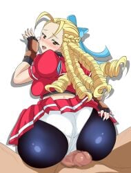 1boy 1girls 2d ass bubble_butt busty capcom female female_focus hourglass_figure juudai karin_kanzuki male penis rear_view school_uniform schoolgirl sitting sitting_on_lap sitting_on_person street_fighter street_fighter_alpha tagme wide_hips