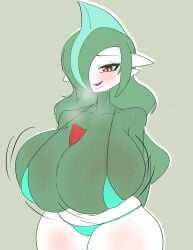 anthro big_breasts bikini doodle female female_gallade gallade goomogudra huge_breasts jiggle jiggling_breasts long_hair looking_at_viewer looking_down non-human pokemon pokemon_(species) solo solo_female sweat sweatdrop