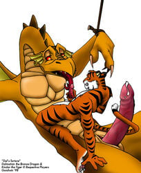 1990s 1998 20th_century anthro bondage chris_goodwin cum dragon feline fur furry furry_only gay male no_humans nude oral piercing red_eyes rope scalie size_difference tiger