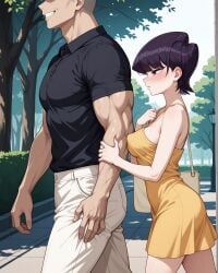 1boy 1boy1girl 1girls ai_generated arm_grab ass blush blush breasts cheating_(relationship) cheating_female cheating_wife erection_under_clothes female grin half-closed_eyes hand_on_another's_arm hand_on_arm handbag komi-san_wa_komyushou_desu komi_shuuko milf muscular muscular_male netorare notreallyhere ntr outdoors park parted_lips perky_breasts polo_shirt profile purple_eyes purple_hair short_hair side_view size_difference smile sundress walking yellow_dress