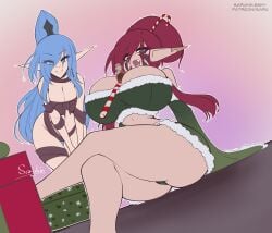 2girls alien alien_girl alien_humanoid big_ass big_breasts big_hair blue_eyes blue_hair boob_window breasts_bigger_than_head candy_cane child_bearing_hips chocolate chopsticks chopsticks_in_hair christmas christmas_clothing christmas_outfit christmas_present christmas_ribbon cleavage cleavage_window container dark_eldar dress drukhari drukhari_archon eldar elf_ears exposed_panties fangs female female_only fur_clothing fur_trim fur_trim_(clothing) glass_container green_eyes hair_bun leaning leaning_forward long_ears long_hair makeup nailpolish noble noblewoman pink_hair pointy_ears ponytail revealing revealing_clothes ribbon ribbons royal royalty sarukin sharp_teeth sitting skimpy skimpy_clothes thick_hair thick_thighs upshot warhammer_(franchise) warhammer_40k wide_hips