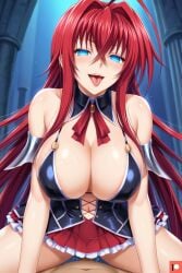 1girl1boy ai_generated big_breasts blue_eyes brainwashed corrupted corruption corset empty_eyes evil_grin evil_smile female high_school_dxd huge_breasts long_hair looking_at_partner looking_at_viewer muscular_male no_pupils omega_weirdo open_mouth outdoor_sex outdoors patreon pov red_hair rias_gremory sex skirt smile straddling tongue_out