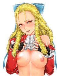 areolae artist_request blonde_hair breasts breasts_out capcom drill_hair female female_focus female_only karin_kanzuki long_hair medium_breasts nipples street_fighter street_fighter_v sweat tagme undressing