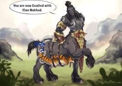 absurd_res anal anal_sex anthro anthro_on_taur anthro_penetrated armor avrus balls belly_riding big_dom_small_sub black_balls blizzard_entertainment bondage bound bracers centaur chastity_cage chastity_device dominant dominant_male dominant_taur equid equid_taur european_mythology felid fist fucked_silly genitals gold_(metal) greek_mythology hands_behind_back hi_res hooves horn humanoid_taur hybrid lykostherium male male/male mammal mammal_taur mythology open_mouth pantherine penetration plant rock shrub size_difference solo speech_bubble stomach_bulge straps suspension tagme tattoo taur taur_penetrating taur_penetrating_anthro tiger tongue tongue_out warcraft wilderness