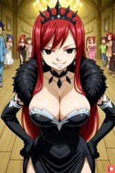 ai_generated ballroom big_breasts black_dress brainwashed cleavage corrupted corruption dark_eyes dress dressed_up earrings empty_eyes erza_scarlet evil_grin evil_queen evil_smile fairy_tail hands_on_hips huge_breasts looking_at_viewer necklace no_pupils omega_weirdo patreon queen red_hair smile smiling_at_viewer solo_female tiara