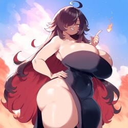 ai_generated amber_eyes ameanon black_dress dark_hair female large_breasts sorceress sorceress_sophia thick_thighs two_tone_hair villainess witch