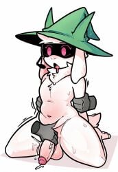 1boy anthro arm_grab assisted_masturbation chubby cute_face deltarune disembodied_hand femboy fur furry gay goat handjob hazelmist headset kneeling male male_only pink_eyes precum ralsei ralsei_with_white_fur undertale_(series) white_fur yiff