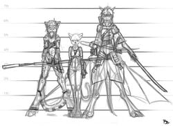 ayala feline clothing comparison dragon feline female group jacia line_up male nude rico ryuujinzero scalie sketch snow_leopard trio weapon