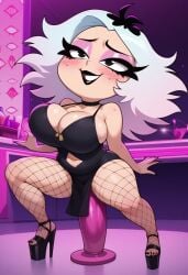 ai_generated cleavage dildo dildo_sitting dress emberlynn_pinkle fishnet_legwear gondor952 helluva_boss high_heels makeup pink_kimono platform_heels sexually_suggestive