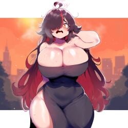 ai_generated amber_eyes ameanon black_dress dark_hair female large_breasts sorceress sorceress_sophia thick_thighs two_tone_hair villainess witch