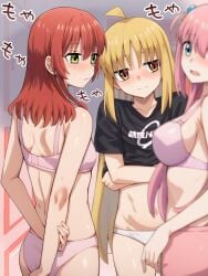 3girls ahoge ass bare_arms bare_back bare_belly bare_chest bare_hands bare_hips bare_legs bare_midriff bare_navel bare_shoulders bare_skin bare_thighs belly belly_button black_clothes black_t-shirt black_topwear blonde_eyebrows blonde_female blonde_hair blonde_hair_female blue_eyes blue_eyes_female blush blush_face blush_lines blushed_face blushing_at_another blushing_at_partner blushing_face blushing_female bocchi_the_rock! bra breasts busty busty_female busty_teen clothes clothes_lift clothes_pull collarbone dot_nose elbows embarrassed embarrassed_exposed_female embarrassed_expression embarrassed_female embarrassed_underwear_female exposed_arms exposed_back exposed_belly exposed_chest exposed_hips exposed_legs exposed_midriff exposed_navel exposed_shoulders exposed_skin exposed_thighs eyebrows_visible_through_hair fair_skin female female_focus female_naked female_only fingers gotou_hitori green_eyes green_eyes_female hair_between_eyes hair_ornament half_naked half_nude hand_on_arm hand_on_own_arm head_tilt high_resolution high_school_student highres ijichi_nijika indoor indoor_nudity indoors japanese_text kita_ikuyo large_breasts lean_body lean_figure legs light-skined_female light-skinned light-skinned_female light_skin light_skin_female light_skinned light_skinned_female long_hair midriff multiple_females multiple_girls naked naked_female naked_woman narrow_waist navel nervous nervous_expression nervous_face nervous_female nude nude_female nudity open_mouth orange_eyes orange_eyes_female panties parted_lips partially_naked pink_bra pink_eyebrows pink_hair pink_hair_female pink_panties pink_underwear pink_yoga_pants red_hair red_hair_female ryuhirohumi school_girl school_girls semi_nude shoulders shy shy_expression sideboob slender_body slender_waist slim_girl slim_waist small_breasts smooth_skin standing t-shirt t-shirt_lift teen_girl teenage_girl teenage_girls teenager text thighs thin_waist tilted_head tongue topwear topwear_lift topwear_pull translation_request underwear underwear_only upper_body white_panties white_underwear yellow_eyebrows yellow_hair yellow_hair_female yoga_pants