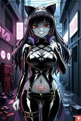 ai_generated alley alleyway big_breasts black_hair blake_belladonna brainwashed corrupted corruption earrings evil_grin evil_smile female grey_skin latex_clothing latex_suit looking_at_viewer omega_weirdo patreon pov pubic_tattoo red_eyes rwby womb_penetration