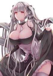 1girls azur_lane between_breasts big_breasts black_dress breasts choker cleavage commentary_request cowboy_shot creek_(moon-sky) dress female female_focus female_only flight_deck formidable_(azur_lane) frilled_choker frilled_dress frills gothic gothic_lolita grey_hair hair_ribbon highres holding holding_unworn_clothes holding_unworn_dress huge_breasts large_breasts lolita_fashion long_hair oppai red_eyes ribbon skindentation skirt skirt_hold twintails two-tone_dress two-tone_ribbon very_long_hair voluptuous voluptuous_female white_background white_legwear