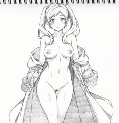 1girls bar_censor breasts coat female fire_emblem fire_emblem_awakening looking_at_viewer nintendo nipples nude nude_female pussy robin_(fire_emblem) robin_(fire_emblem)_(female) seishun_dendeke solo taking_clothes_off twintails