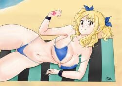 1girls bikini blonde_hair breasts brown_hair fairy_tail fairy_tail_mark female female_only gummslime large_breasts lucy_heartfilia pink_tattoo solo solo_female solo_only tattoo tattoo_on_hand tattooed_hand