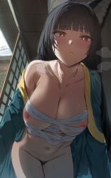 1girls animal_ears areola ass big_ass big_breasts big_thighs black_hair blush breasts butt female female_focus female_only fox_ears heat hews_hack hoshimi_miyabi long_hair looking_at_viewer nipples pubic_hair pussy red_eyes sweat sweatdrop sweating tagme thick_hips thick_thighs zenless_zone_zero