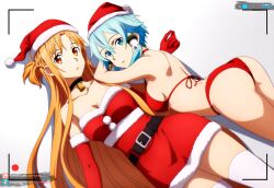 2girls ai_generated asada_shino big_ass big_breasts bikini blonde_hair blue_eyes blue_hair brown_eyes christmas_clothing christmas_outfit juanpiamvs long_hair patreon patreon_username short_hair sinon subscribestar subscribestar_username sword_art_online watermark yuuki_asuna