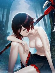 1girls ai_generated crescent_rose female forest leaning_forward looking_down medium_breasts neutral_expression one_leg_up rain red_hair ruby_rose rwby scythe silver_eyes skirt wet