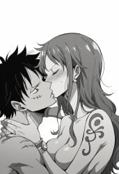 artist_request big_breasts female kiss male monkey_d_luffy nami nami_(one_piece) nude one_piece tatto