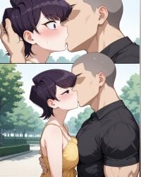 1boy 1boy1girl 1girls acceptance ai_generated blush breast_press breasts cheating cheating_(relationship) cheating_female cheating_wife close-up faceless_male female forced_kiss half-closed_eyes hand_on_another's_back hand_on_another's_head hand_on_back hand_on_head kissing kissing komi-san_wa_komyushou_desu komi_shuuko multiple_views muscular_male netorare notreallyhere ntr outdoors park purple_eyes purple_hair shaved_head shocked short_hair size_difference sundress swept_bangs yellow_dress