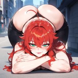 1girls ahoge ai_generated all_fours aqua_eyes ass bangs bare_shoulders bent_over black_clothes black_legwear black_panties black_underwear blush bra breasts city closed_mouth clothing crossed_arms crossed_bangs curvaceous curvaceous_female curvaceous_figure curvy curvy_figure female female female_focus female_only green_eyes hair_between_eyes high_school_dxd huge_ass indoors inviting inviting_to_sex jeans large_breasts legwear lips long_hair looking_at_viewer looking_back lying miyuai on_stomach outdoors pants pantsu presenting presenting_ass presenting_hindquarters presenting_self public red_hair rias_gremory seductive seductive_look seductive_smile smile solo thick_thighs thighs thong top-down_bottom-up topless underwear voluptuous voluptuous_female