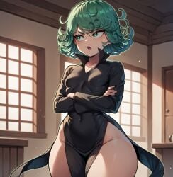 ai_generated angry_expression bare_thighs blush green_eyes green_hair huge_thighs light-skinned_female light_skin looking_at_viewer mature_female one-punch_man short_hair shortstack small_breasts smogai solo_female squatting sweat sweatdrop tatsumaki thick_thighs thighs thighs_bigger_than_head voluptuous voluptuous_female