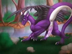 adrim blep claws dragon ear european_mythology feathered_dragon feathered_scalie feathers forest genitals hi_res male mythological_creature mythological_scalie mythology penis plant presenting purple_body river scalie solo tongue tongue_out tree watering western_dragon