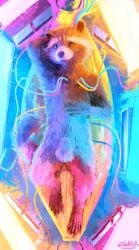 animal_genitalia anthro balls calm genitals guardians_of_the_galaxy hi_res high-angle_view lying male mammal marvel nude procyonid raccoon rocket_raccoon sheath sidekick solo wire