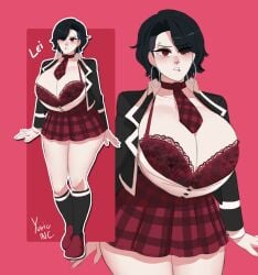 2025 bob_cut eyebrow_piercing hoop_earrings huge_breasts lace-trimmed_bra lei_(coloredyiddies) lip_piercing original_character overflowing_breasts piercing plaid_skirt school_uniform schoolgirl tie undercut uniform watermark yuric_inc