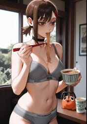 ai_generated ai_hands black_choker bra breasts brown_eyes brown_hair chainsaw_man choker chopsticks collarbone commentary cowboy_shot cup_ramen eating english_commentary female food food_in_mouth grey_bra grey_panties hair_ornament hairclip higashiyama_kobeni holding holding_chopsticks instagram_username instant_noodles navel noodles panties parody photo_background pochita_(chainsaw_man) short_hair short_ponytail single_sidelock small_breasts solo standing stomach underwear underwear_only wholesome