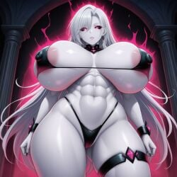 1girls abs ai_generated alchemist bikini bikini_top black_bikini black_outfit black_sclera brainwashed brainwashing demon_girl earrings hypnosis magic mind_control original pale_skin pink_eyes pixai silver_hair silver_skin tagme temple voluptuous voluptuous_female