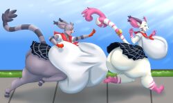 anthro ass bandai_namco big_breasts big_butt blues64 bottomwear breast_size_difference breasts clothed clothing digimon digimon_(species) duo female gatomon huge_breasts huge_butt hyper hyper_breasts marauder6272 no_underwear school_uniform skirt thick_thighs uniform upskirt