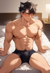 abs ai_generated blush erection erection_under_clothes genshin_impact looking_at_viewer male male_focus male_only mebekingcock muscular_arms muscular_male muscular_thighs nipples on_bed pecs pubic_hair solo solo_male sweat sweatdrop sweating topless topless_male underwear underwear_only wriothesley_(genshin_impact)