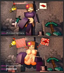 'eadole bottomless cave english_text female_focus female_only flower_in_hair heart_symbol highres indoors inviting_to_sex jenny_belle_(slipperyt) large_areolae large_ass large_breasts minecraft reference seductive_look solo_focus source_filmmaker stockings sword text_box torch