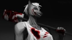 anthro blood blood_on_face blood_on_weapon bodily_fluids canid canine canis female gore gore_focus hammer hi_res kagezite mammal maro_defor solo tools weapon wolf worker