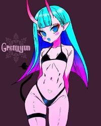 arms_behind_back ass_visible_through_thighs bimbo_lips cyan_hair demon_girl flat_chest gremiyun horns multicolored_hair original original_character petite phatpussy plump_pussy succubus succubus_tail