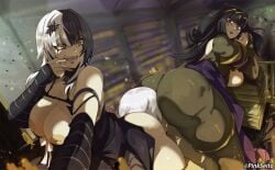 1boy 2girls ass bent_over black_bridal_gauntlets black_eyes black_hair blunt_bangs bodystocking book book_stack breasts breasts_out bridal_gauntlets chest_belt choker crossover face_in_ass finger_to_mouth fire_emblem fire_emblem_awakening goth goth_girl highres hololive hololive_english lace lace_choker large_breasts long_hair looking_back multicolored_hair multiple_girls nintendo nipples open_mouth orphen_(pink_seito) shiori_novella short_hair split-color_hair straight striped_arm_warmers tharja_(fire_emblem) tiara two-tone_hair two_side_up virtual_youtuber white_hair yellow_eyes