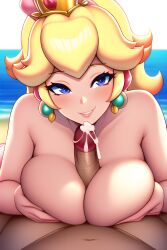 1boy ai_generated beach blush breast_squeeze breasts crown cum ejaculation female holding_breasts long_penis looking_at_viewer male mario_(series) nai_diffusion paizuri penis princess_peach sea smile source_request stable_diffusion titjob