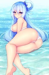 1girls aqua_(konosuba) bikini blue_eyes blue_hair blue_hair_ornament female female_only foxykuro goddess hair_accessory hair_ornament kono_subarashii_sekai_ni_shukufuku_wo! light-skinned_female light_skin looking_at_viewer on_water solo swimsuit swimwear water white_bikini white_swimsuit white_swimwear