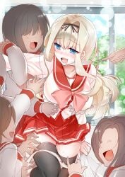 4girls black_hair black_thighhighs blonde_hair blue_eyes blush bow bow_panties cat_teaser commission faceless faceless_female hair_ribbon kusugawa_sasara laughing multiple_girls naojiro_a oerba_yun_fang open_mouth panties panty_pull pussy_juice red_bow red_skirt ribbon school_uniform serafuku short_hair skeb_commission skirt tears thighhighs tickle_torture tickling to_heart_(series) to_heart_2 underwear white_panties window yuri