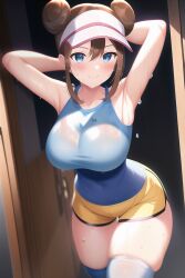 1girls ai_generated armpit_fetish armpits arms_behind_head arms_up blue_eyes blush booty_shorts breasts brown_hair female female_only game_freak hat hips large_breasts light-skinned_female light_skin long_hair looking_at_viewer nai_diffusion nintendo pokemon pokemon_bw2 rosa_(pokemon) short_shorts shorts slim_waist smile sport_shorts sportswear stable_diffusion sweat sweaty_body tank_top thick_thighs thighs twin_buns twintails voluptuous wide_hips