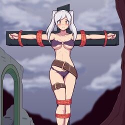 1girls alternate_costume bare_legs bare_midriff belt bikini blush bondage bound brown_eyes captured captured_heroine cross crucifixion defeated defeated_heroine domination female female_only femsub fire_emblem fire_emblem_awakening fire_emblem_heroes forced grey_hair humiliation kidnapped legs medium_hair midriff mrpenguin nintendo o-ring o-ring_bikini official_alternate_costume outdoors prisoner purple_bikini purple_swimsuit restrained robin_(female)_(summer)_(fire_emblem) robin_(fire_emblem) robin_(fire_emblem)_(female) scared stationary_restraints swimsuit torn_clothes twintails underboob worried