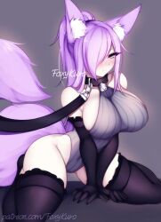 1girls bell_collar big_boobs big_breast big_breasts black_leggings black_legwear black_stockings blush blushing collar dirtykuro embarrassed fox_ear fox_ears fox_girl fox_tail foxgirl foxykuro grey_sweater hair_covering_eye hair_covering_one_eye hair_over_eye hair_over_one_eye hair_over_one_eyes kuro_(foxykuro) large_breast large_breasts leash leash_and_collar leashed leggings legwear purple_eyes purple_hair stockings sweater