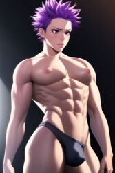 1boy ai_generated ambush_(trap) androgynous bishonen bulge elbow_gloves eyelashes femboy girly hair_over_one_eye hitoshi_shinso large_pectorals looking_at_viewer male male_focus male_only muscles muscular muscular_femboy muscular_male my_hero_academia nai_diffusion navel nipples pecs purple_eyes purple_hair solo stable_diffusion sweat toned toned_male twink twunk yaoi