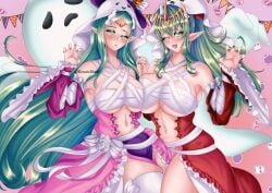 2girls ;d ;o alternate_costume armpits asymmetrical_docking bare_midriff bare_thighs breast_press breasts center_opening chest_sarashi cleavage cosplay female female_only fire_emblem fire_emblem_awakening fire_emblem_heroes gesture ghost green_eyes green_hair halloween halloween_costume hat holding_hands huge_breasts large_breasts long_hair looking_at_viewer midriff mother_and_daughter multiple_girls naga_(fire_emblem) naga_(fire_emblem)_(cosplay) naga_(halloween)_(fire_emblem) nail_polish nintendo official_alternate_costume one_eye_closed open_mouth pink_nails ponytail red_nails renaisblade sarashi smile thick_thighs thighhighs thighs tiki_(adult)_(fire_emblem) tiki_(fire_emblem) top_hat underboob very_long_hair wink