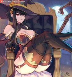 1girls armpits bare_shoulders black_hair breasts chair garter garter_belt garter_straps garters gloves hair_flower hair_ornament hairband highres legs_up legwear long_black_hair long_hair red_eyes sitting spy_x_family staff thick_thighs thighhighs thighs throne tied_hair wide_hips witch witch_hat xhaart yor_briar yor_forger