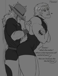 2boys bara clothed dio_brando frottage frottage_through_clothing gay greyscale height_difference hol_horse hot_dogging jojo's_bizarre_adventure male_only manart muscles muscular muscular_male stardust_crusaders teasing text twitch_lines twitching yaoi