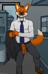 aggressive_retsuko animal_humanoid anthro canid canid_humanoid canine canine_humanoid clothing erection foreskin gas_station genitals grin hi_res humanoid lewd_latte male male_only mammal mammal_humanoid maned_wolf necktie ookami_(aggretsuko) penis sanrio smile smooth_fur solo suit wolf_humanoid